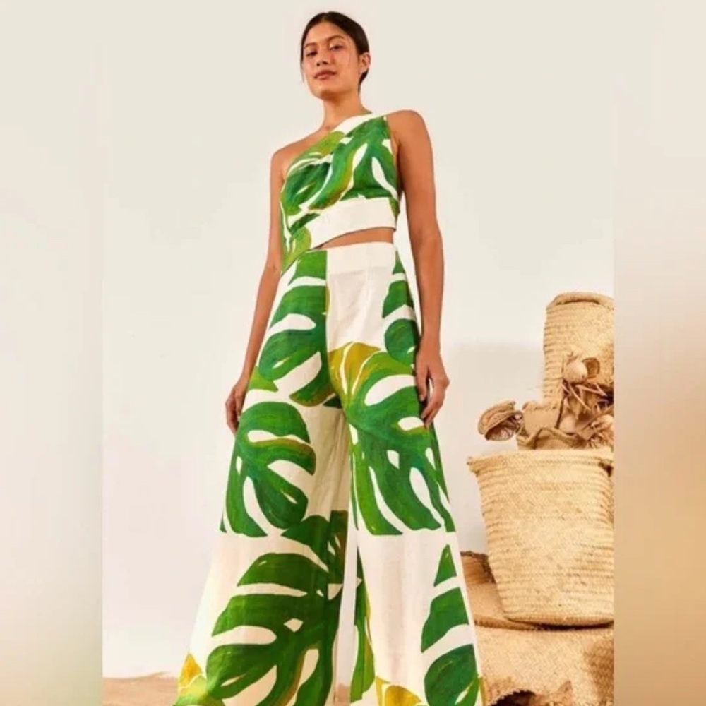 FARM Rio White Monstera One-Shoulder Jumpsuit green palm leaves XL